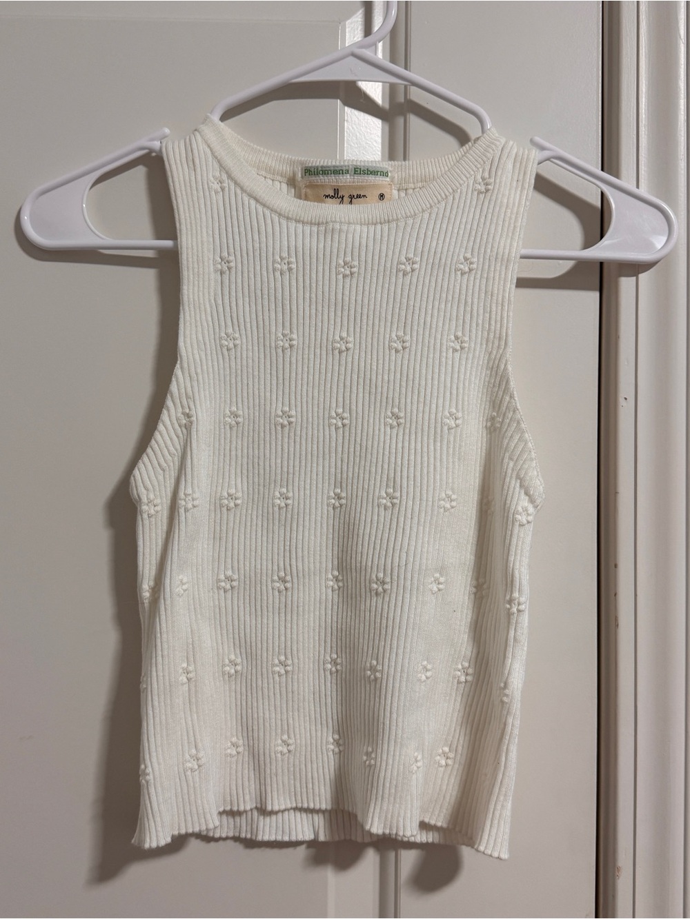 Cream Ribbed Floral-Knit Sleeveless Tank Top